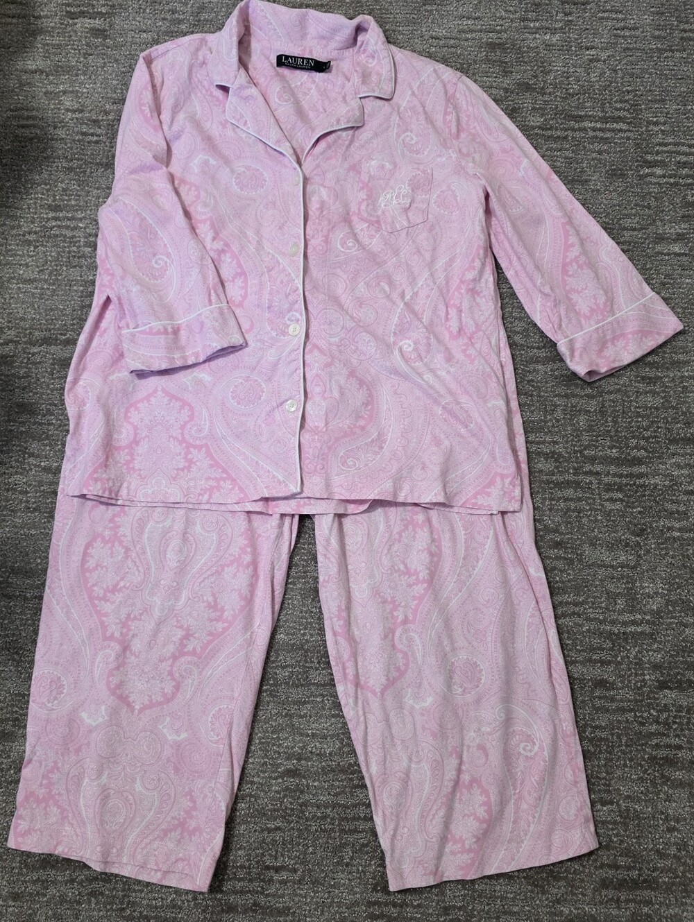 Lauren Ralph Lauren Classic Pink Three-Quarter Sleeves Capri Pajama Set Large